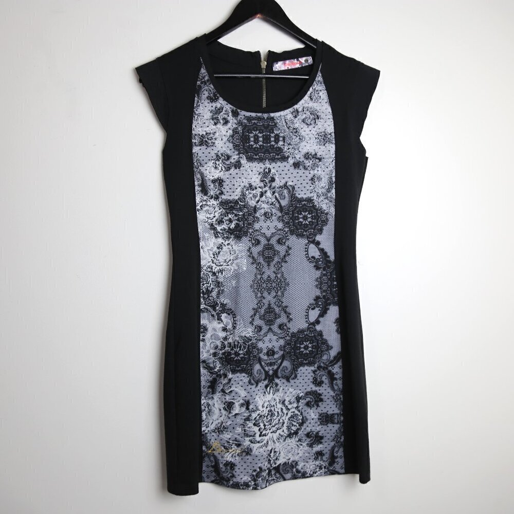 Desigual Slim Short Black White Stretch Boho Batik Mandala Zip Dress Size Small